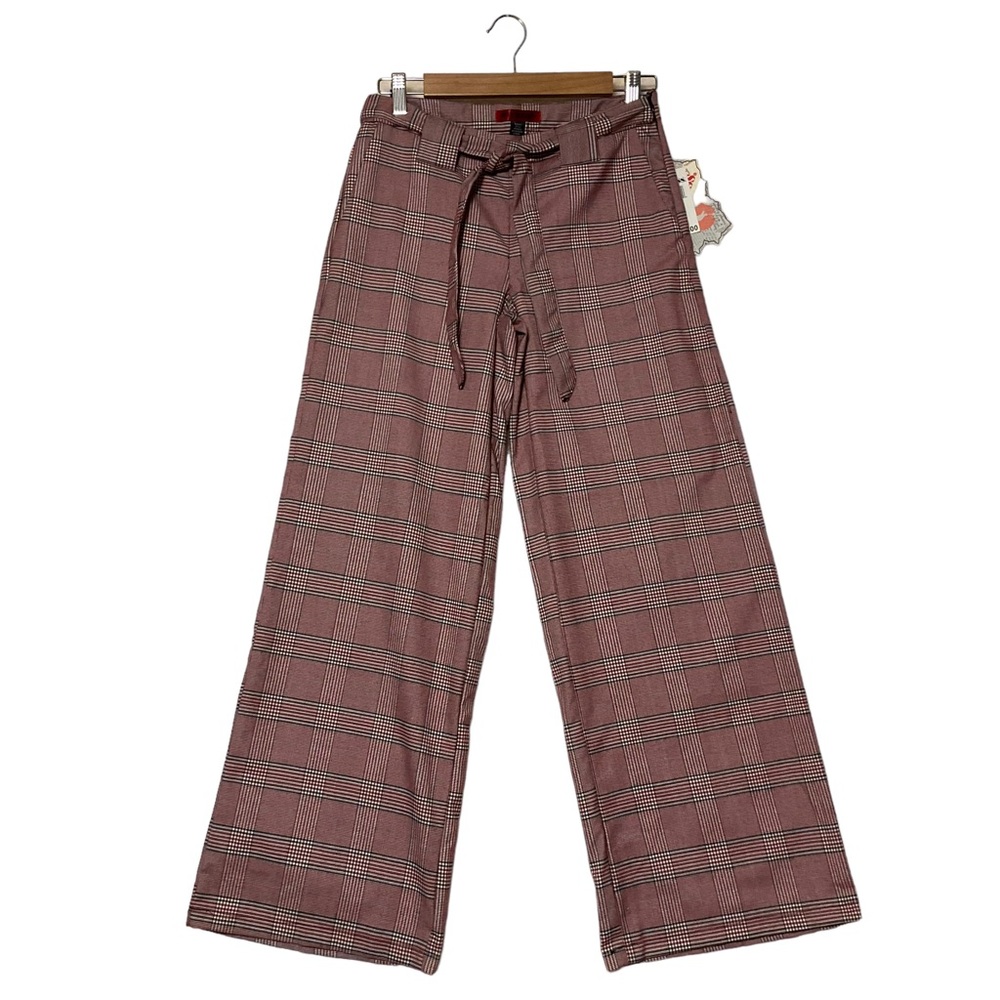 HOT KISS sz 3 Pants Plaid Belted Ties at Waist Pockets Side Zip Red Black